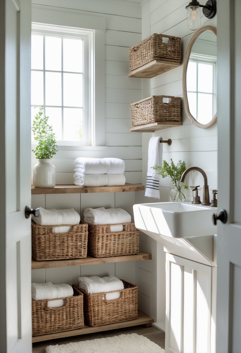 A small bathroom with woven baskets holding neatly folded towels on wooden shelves next to a sink.