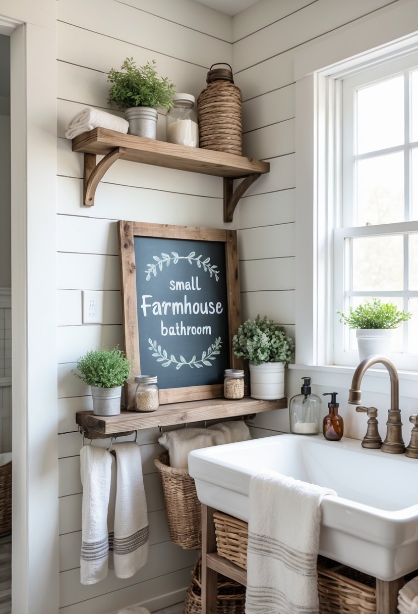 A small farmhouse bathroom with rustic decor including a wooden chalkboard sign, potted plants, and vintage bathroom accessories.