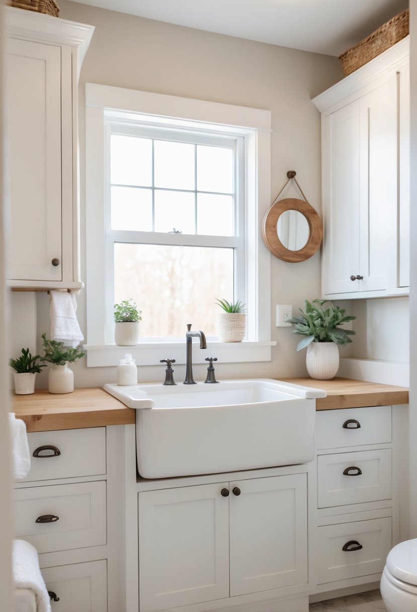 A small bathroom with a white apron-front sink, wooden countertops, a round mirror, and natural light from a window.
