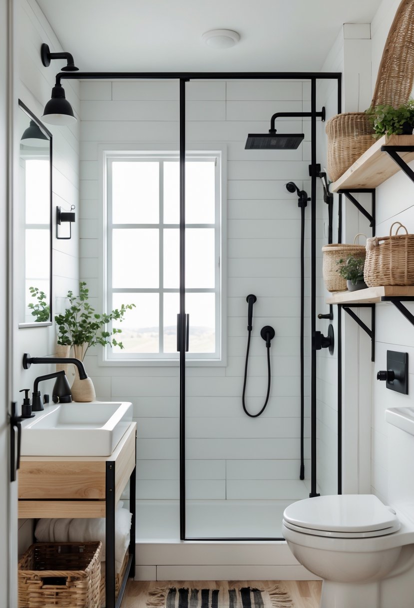 A small bathroom with matte black faucets and cabinet handles, a white sink, wooden shelves, and natural light coming through a window.