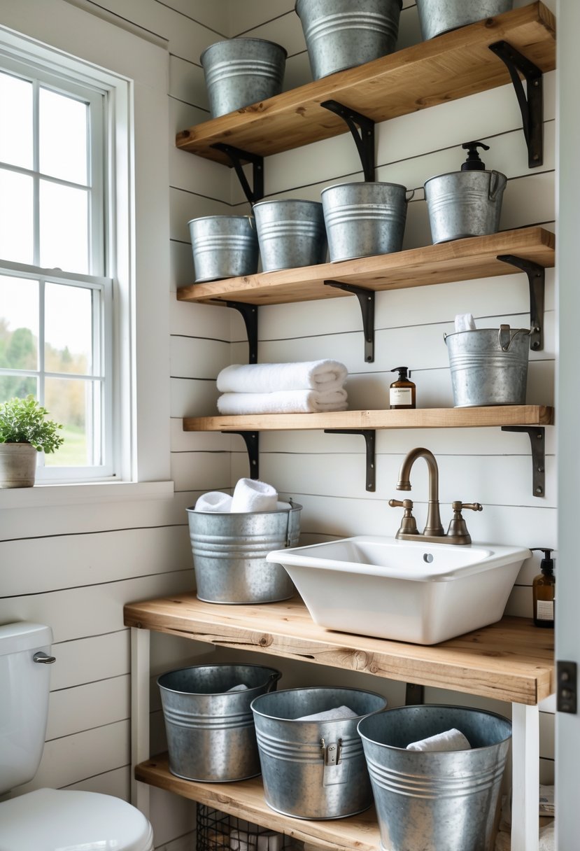 Small bathroom with galvanized metal containers used for storage on wooden shelves and under the sink.