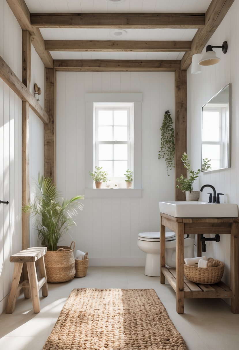 A small bathroom with a woven natural fiber rug on the floor, a wooden vanity, a mirror, and potted plants.
