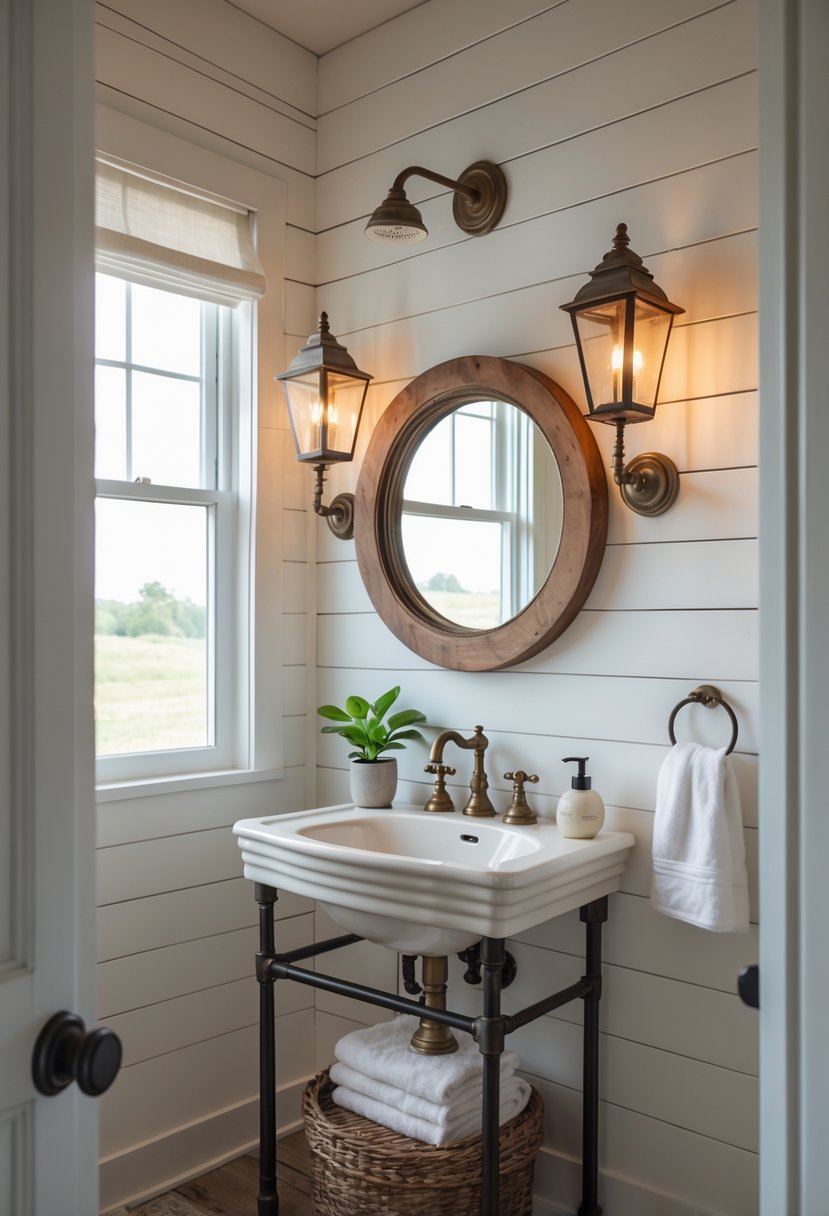 A small bathroom with a sink, mirror, wall-mounted lantern lights, and natural light coming through a window.
