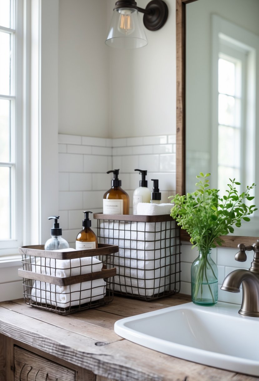 A small bathroom with vintage wire baskets holding toiletries on a wooden countertop next to a sink.