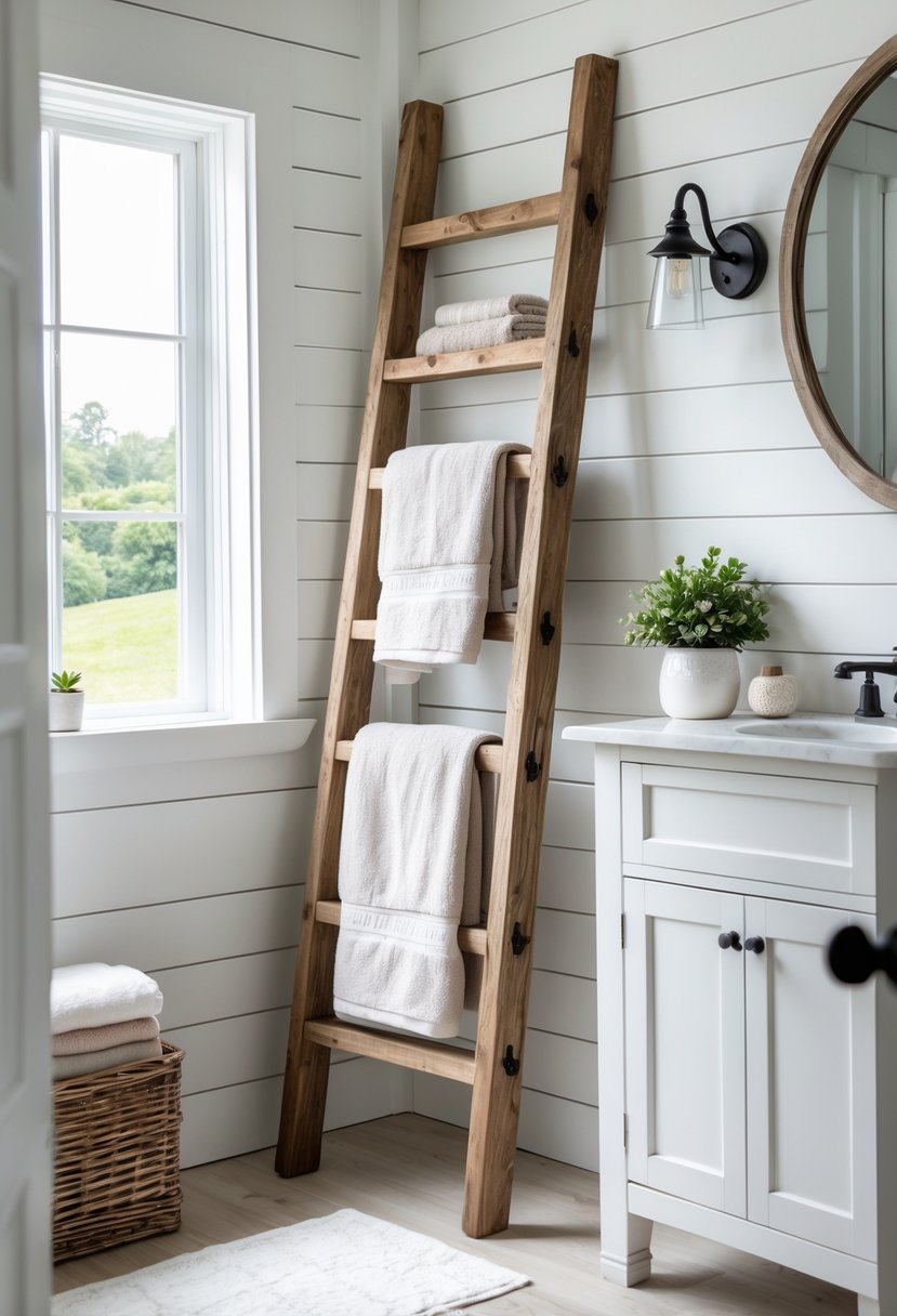 Small bathroom with a wooden ladder used for hanging towels next to a vanity and sink.