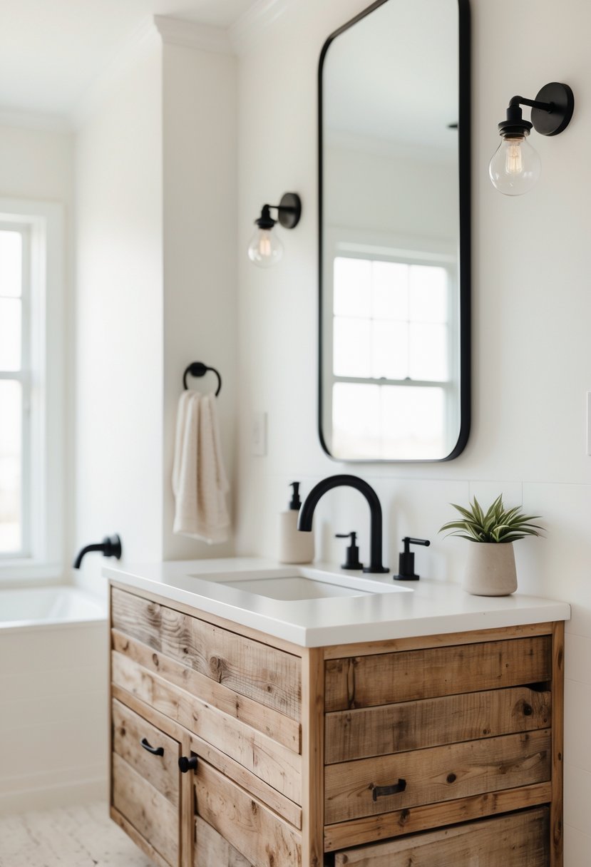 Bathroom with a wooden vanity featuring black faucets and a clean countertop.