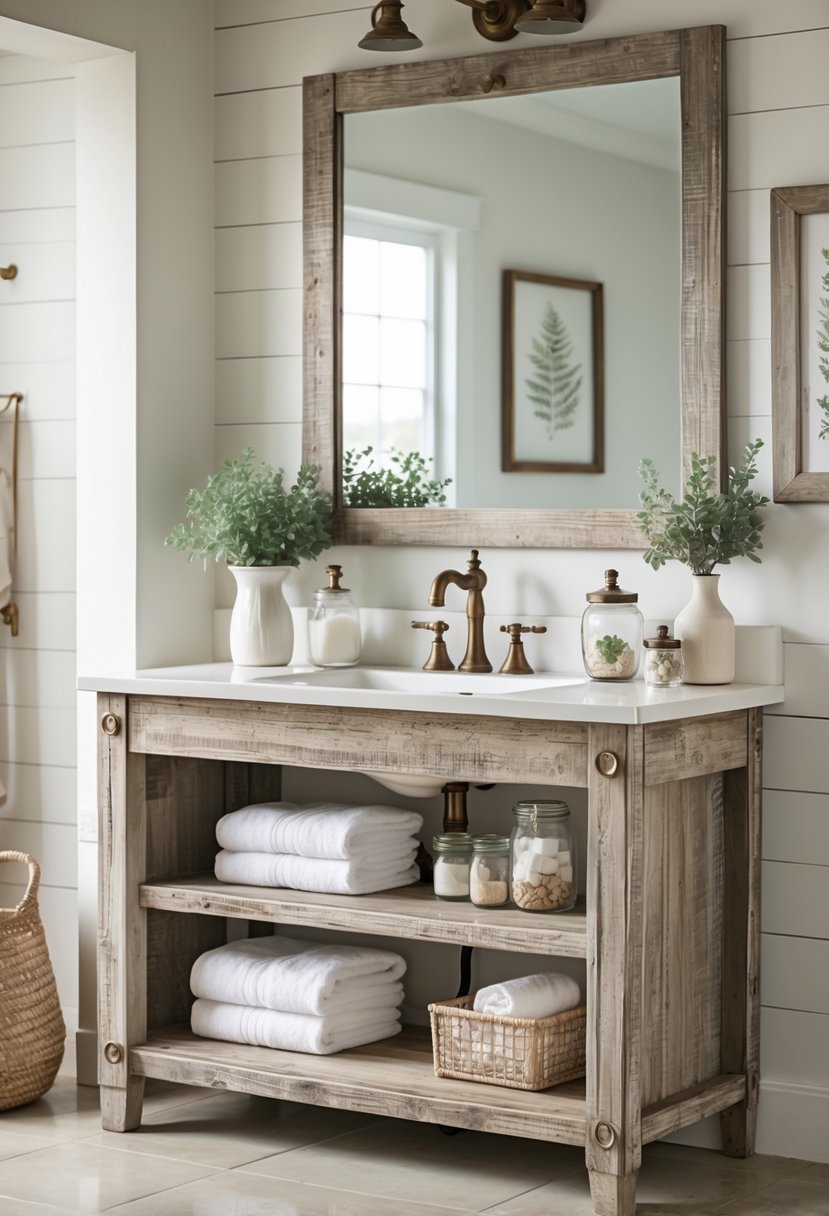 A bathroom with an open shelving wooden vanity holding towels and plants beneath a porcelain sink.