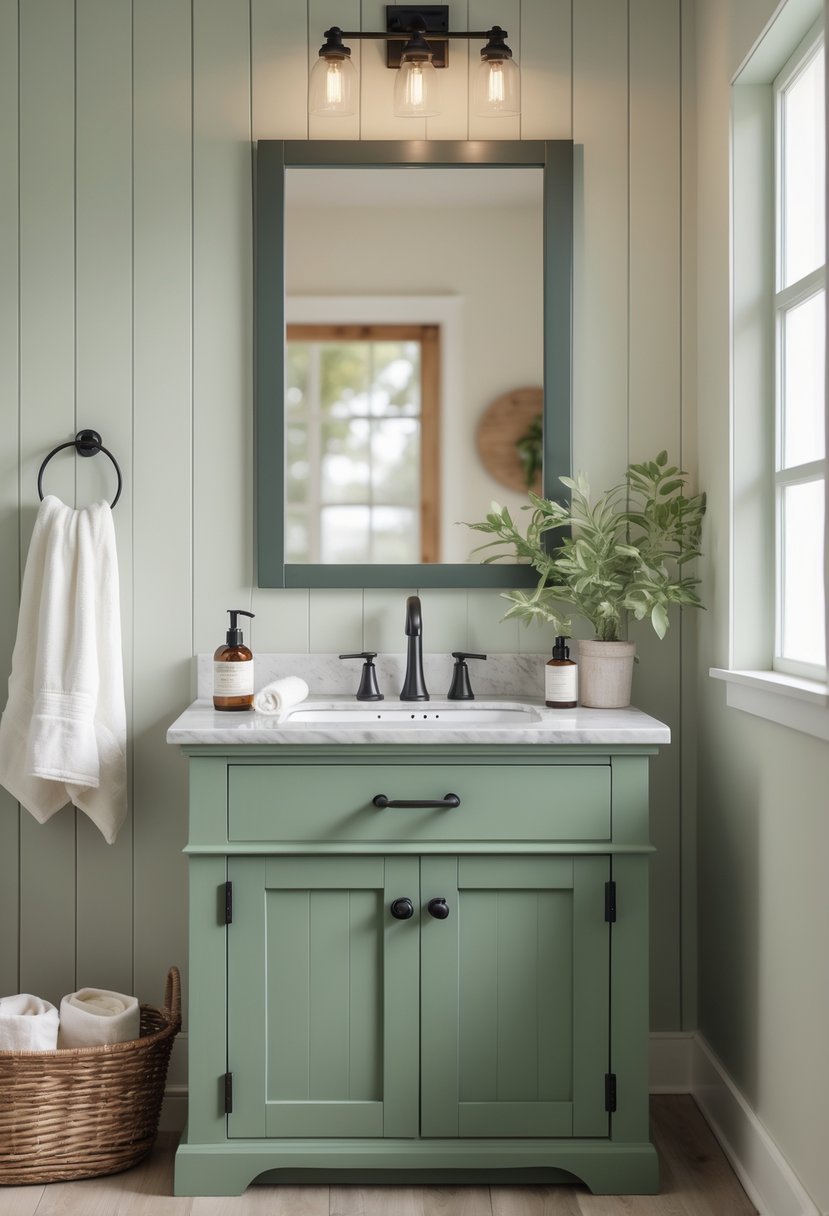 A bathroom vanity painted sage green with a white countertop, sink, faucet, mirror, and decorative items in a bright bathroom.