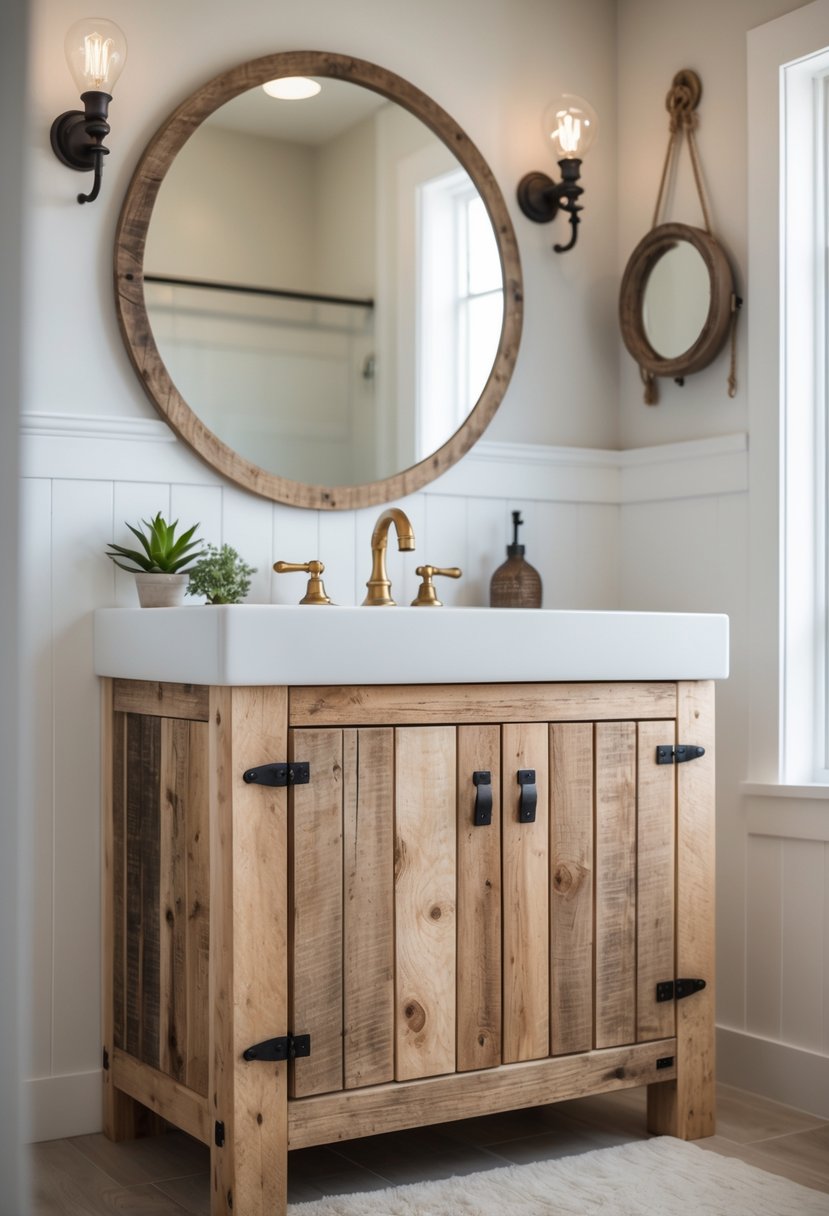 A bathroom vanity with a wooden cabinet, white sink, brass faucets, and a round mirror above it.