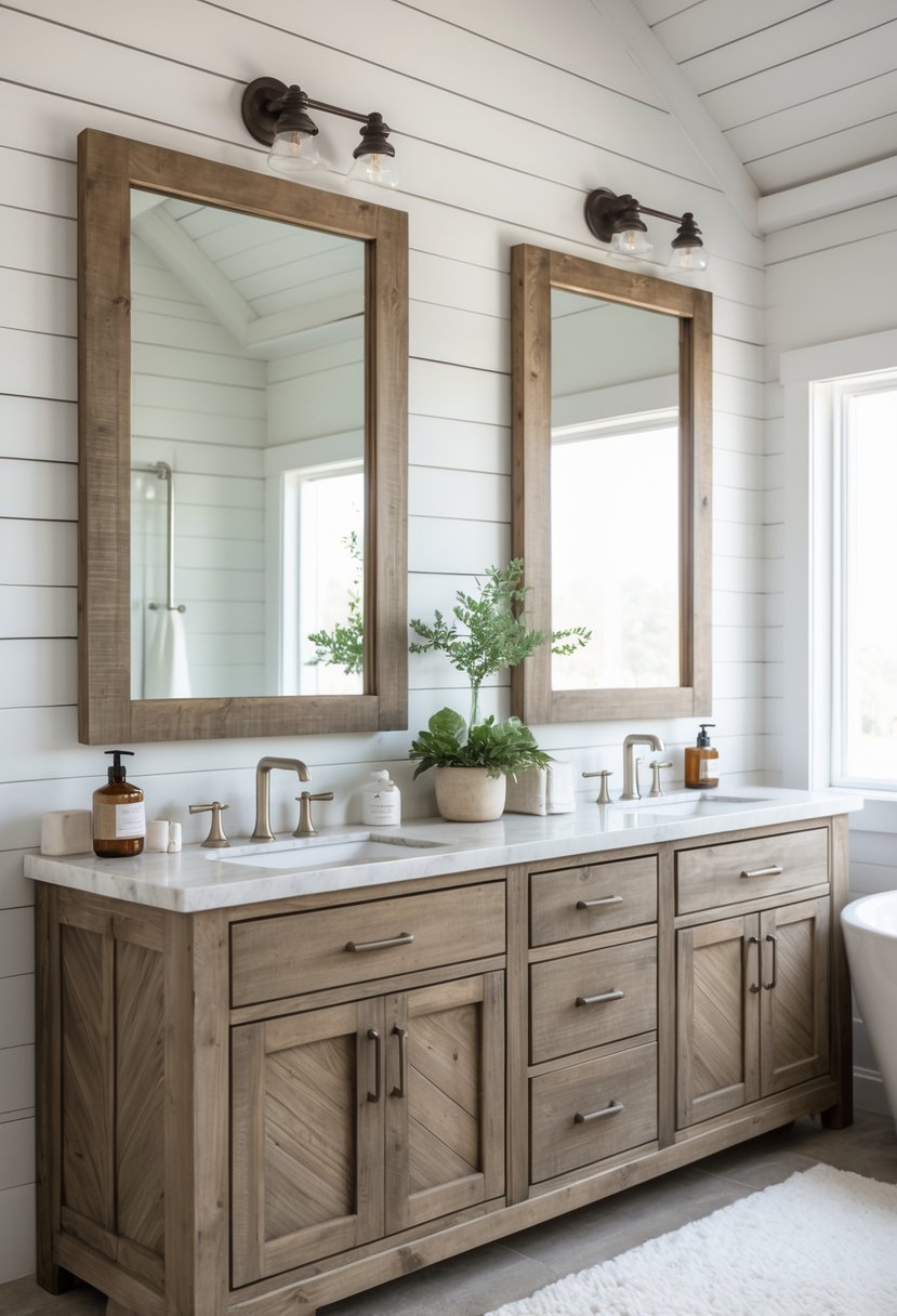 A bathroom with a double sink wooden vanity, two mirrors, and natural light coming through a window.