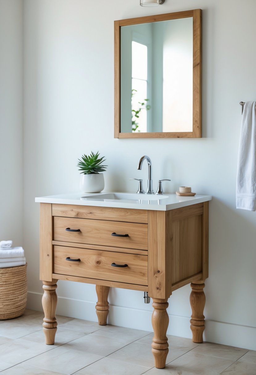 A single sink bathroom vanity with turned wooden legs in a bright bathroom setting.