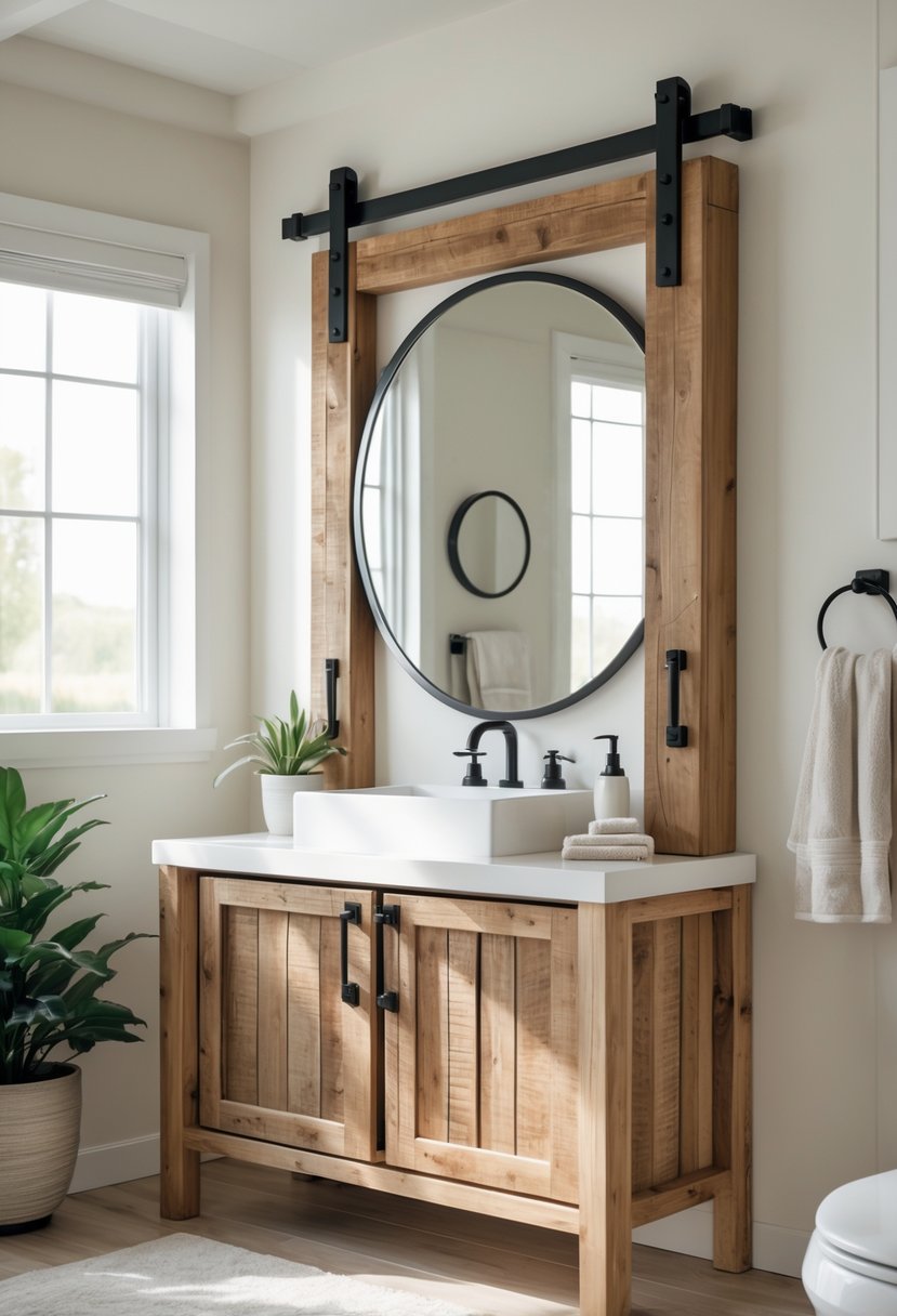 A bathroom with a wooden vanity cabinet featuring sliding barn doors, a white sink, a round mirror, and soft natural lighting.