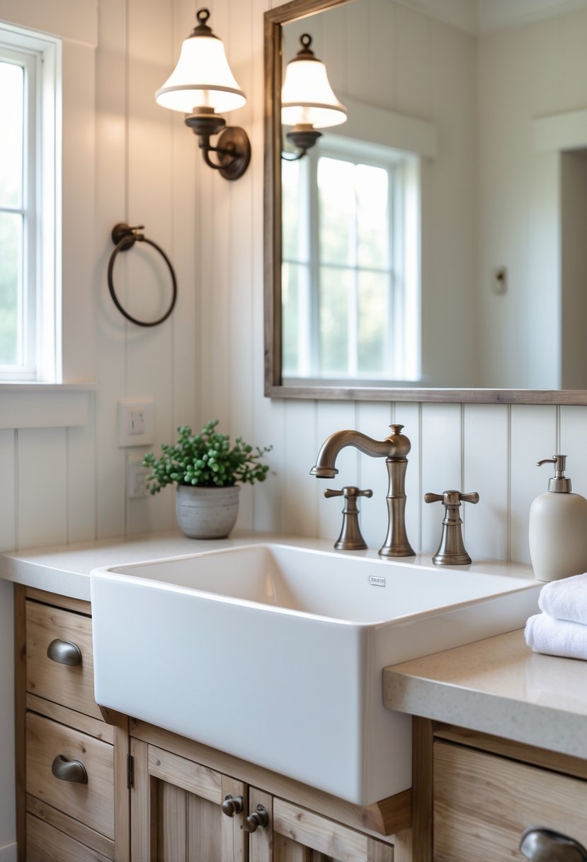 A bathroom with a white enamel sink set into a wooden vanity, featuring a faucet, small plant, soap dispenser, towels, and a mirror above.