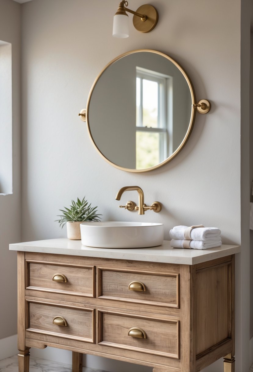 A bathroom vanity made of weathered oak with brass handles, a white sink, and a round mirror above it.