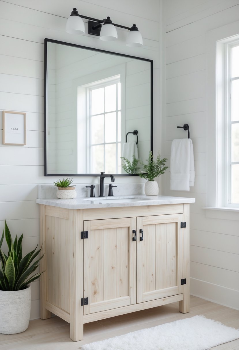 A whitewashed pine bathroom vanity with a white countertop, sink, and faucet in a bright bathroom with a mirror and natural light.