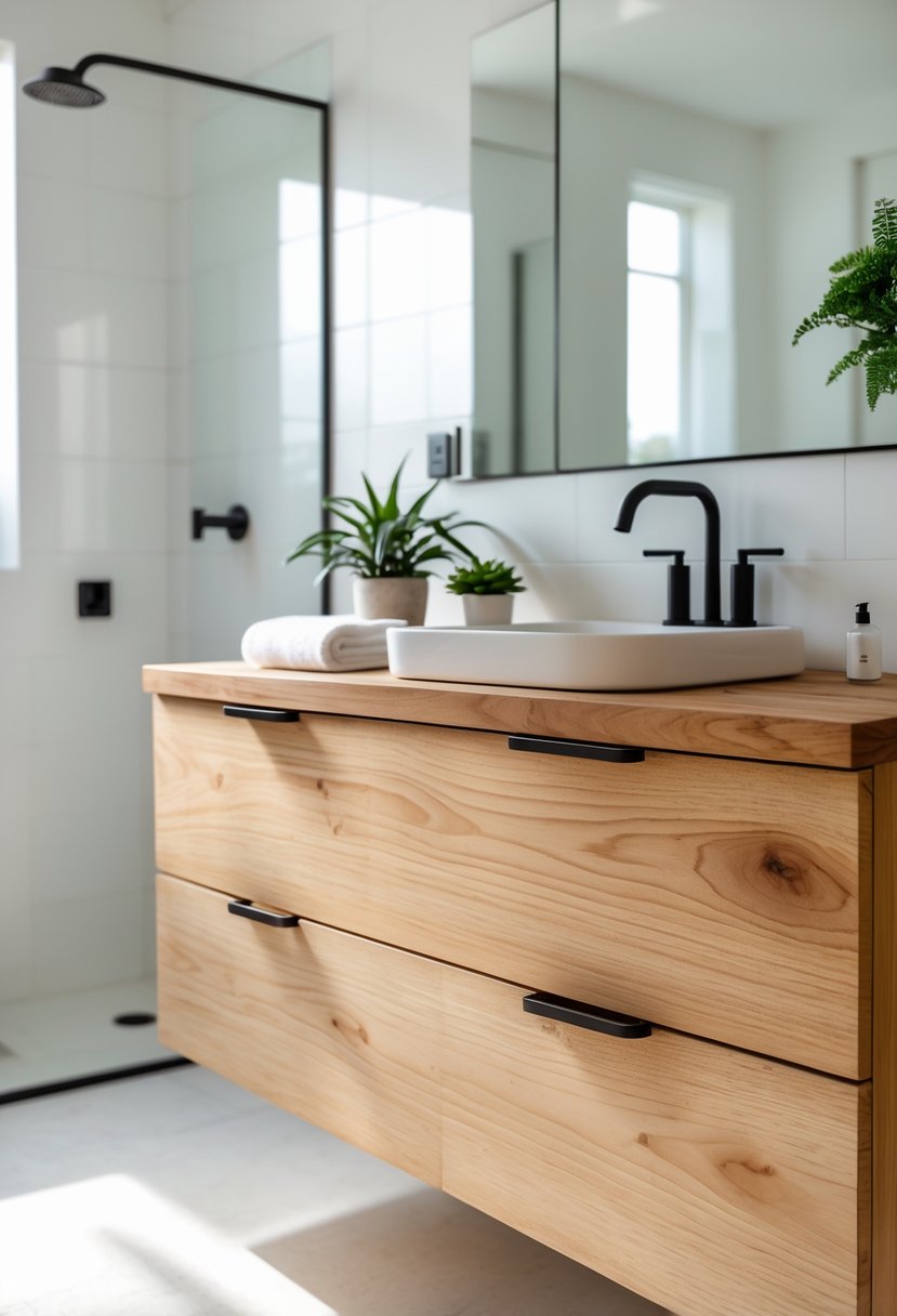A bathroom vanity made of natural wood with black iron handles, a white sink, and a small plant on the countertop.