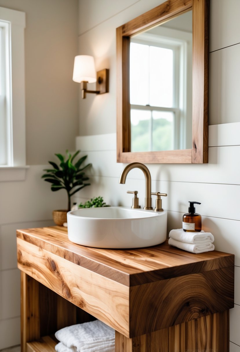 A bathroom with a wooden butcher block vanity topped with a white sink and metal faucets, a mirror above, and a small plant on the counter.