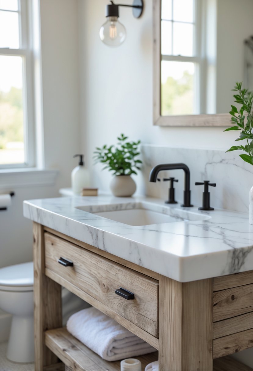 A bathroom vanity with a white marble countertop and a rustic wooden base, featuring a sink and faucet with natural light illuminating the scene.