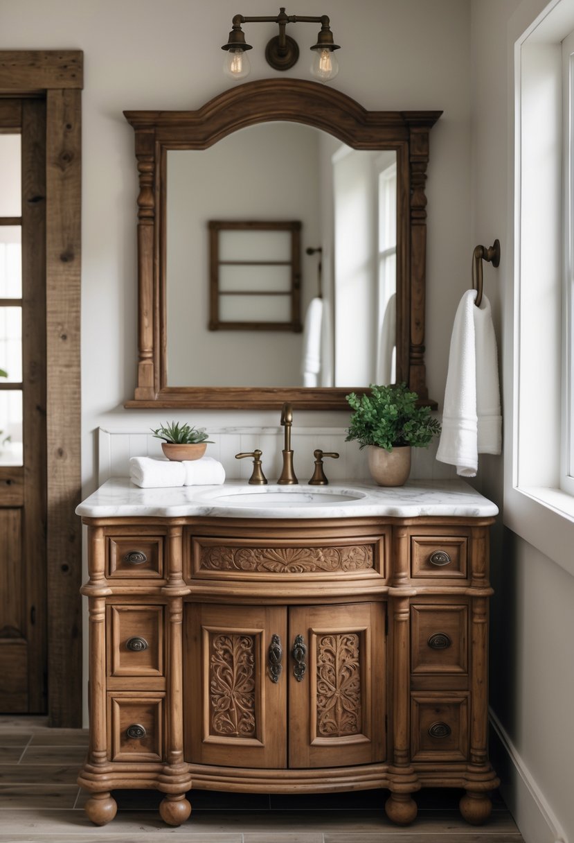 A bathroom with a wooden vanity featuring carved cabinet doors, a white countertop with a sink, a mirror above, and natural light illuminating the space.