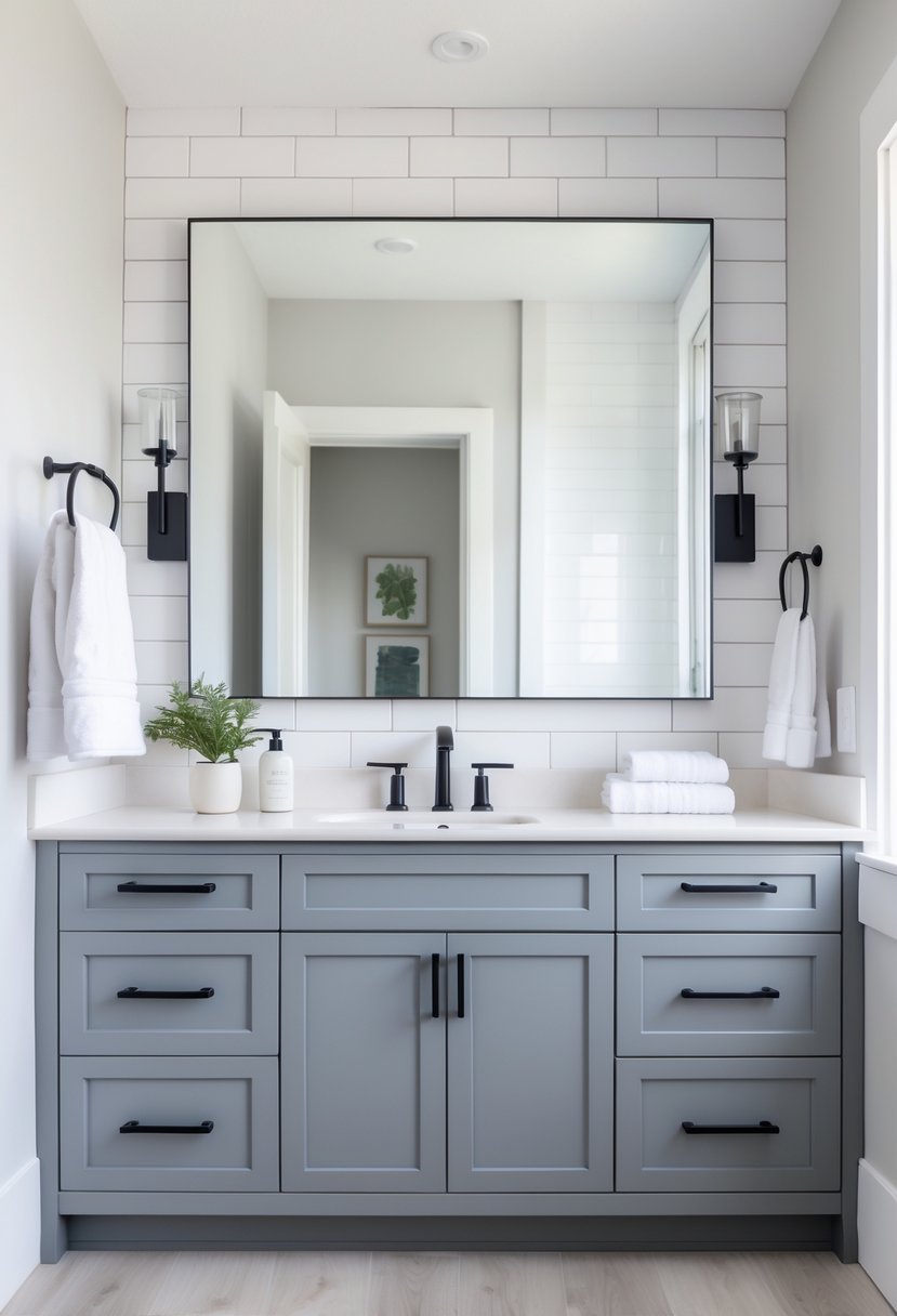 A slate gray bathroom vanity with black hardware, white countertop, and a large mirror in a bright bathroom with light walls and wood flooring.
