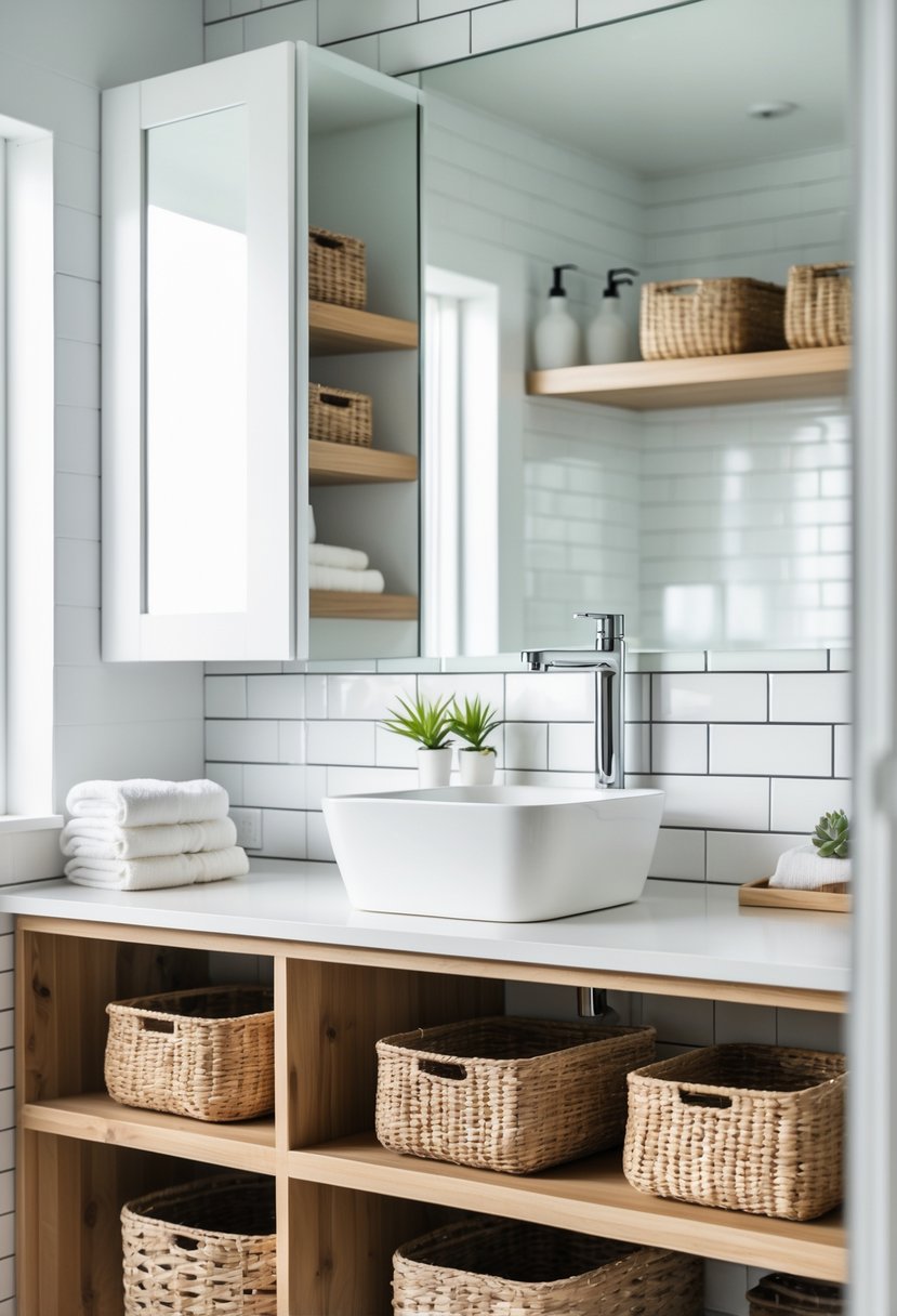 A bathroom vanity with open shelves holding woven baskets, a white sink, and a chrome faucet in a bright bathroom.