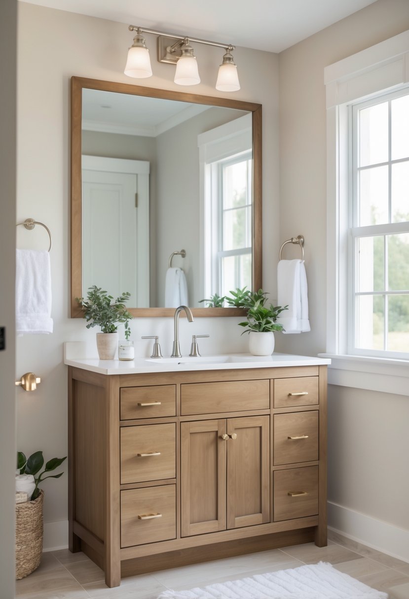 A bathroom vanity with wooden cabinets, a white countertop, a sink, a mirror, and natural light coming through a window.