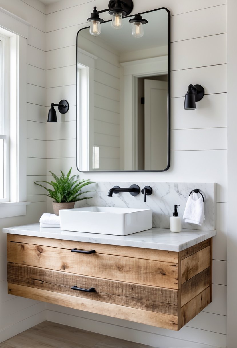 A floating wooden bathroom vanity with a white sink and black faucet in a bright bathroom with a mirror and decorative plants.