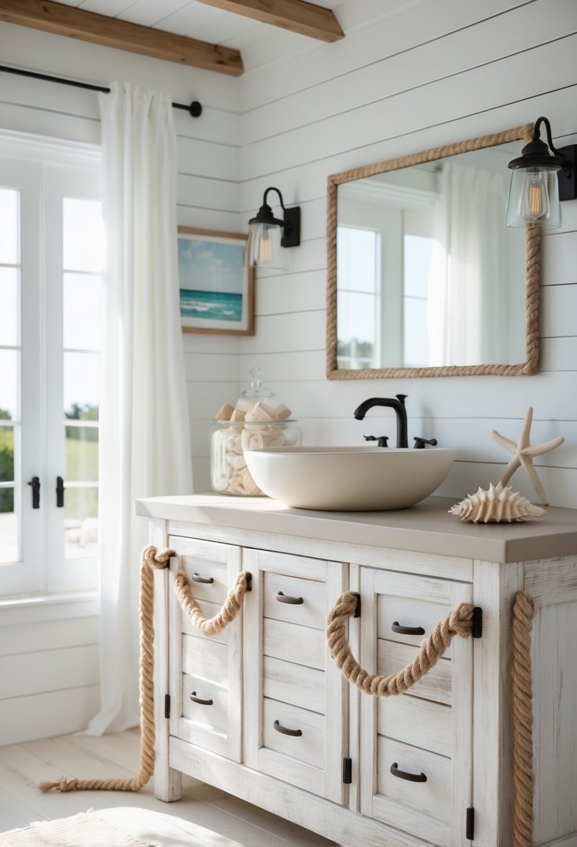 A bathroom vanity with a wooden cabinet, rope handles, a white vessel sink, and coastal decorations on a light countertop.