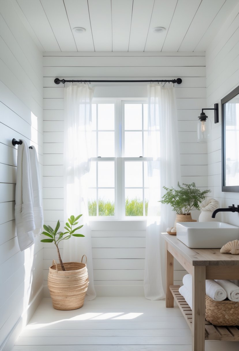 A bright bathroom with white shiplap walls, a wooden vanity, a white sink, and natural light coming through a window.