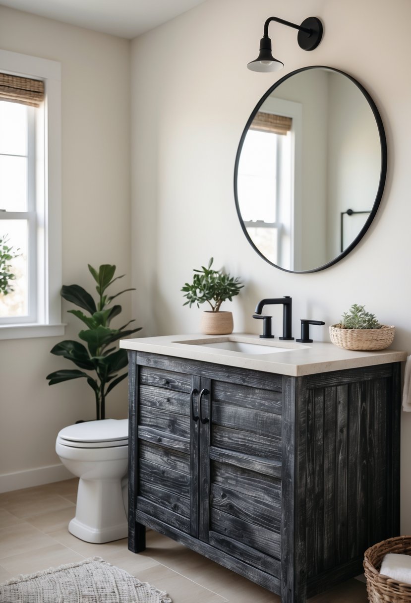A bathroom with a blackwashed wood vanity, white sink, and a round mirror above it, illuminated by natural light.