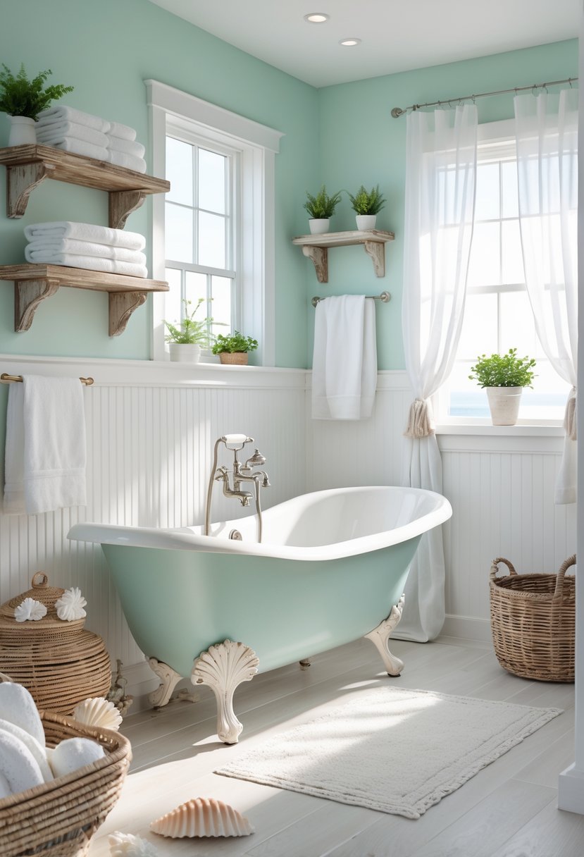 A bright bathroom with seafoam green walls, a freestanding bathtub, wooden shelves with towels and plants, and natural light coming through a window.