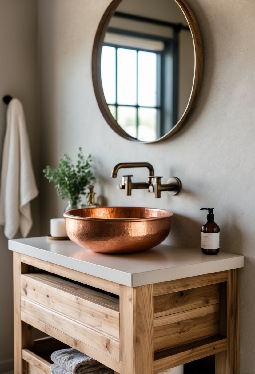 A bathroom vanity with a copper sink and wooden base, featuring a faucet and a mirror above it.