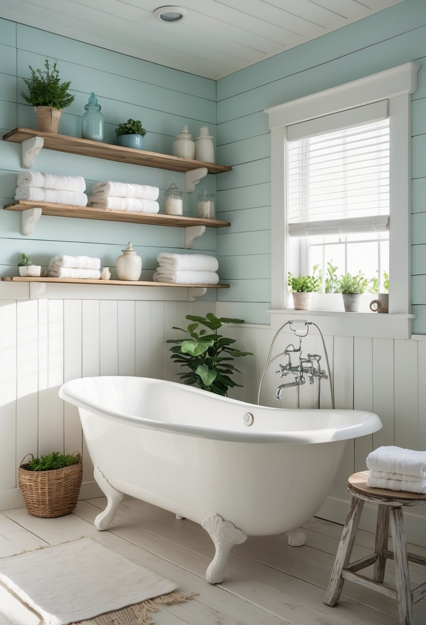 A bright bathroom with a white claw-foot bathtub, wooden shelves with towels and plants, and natural light coming through a window.