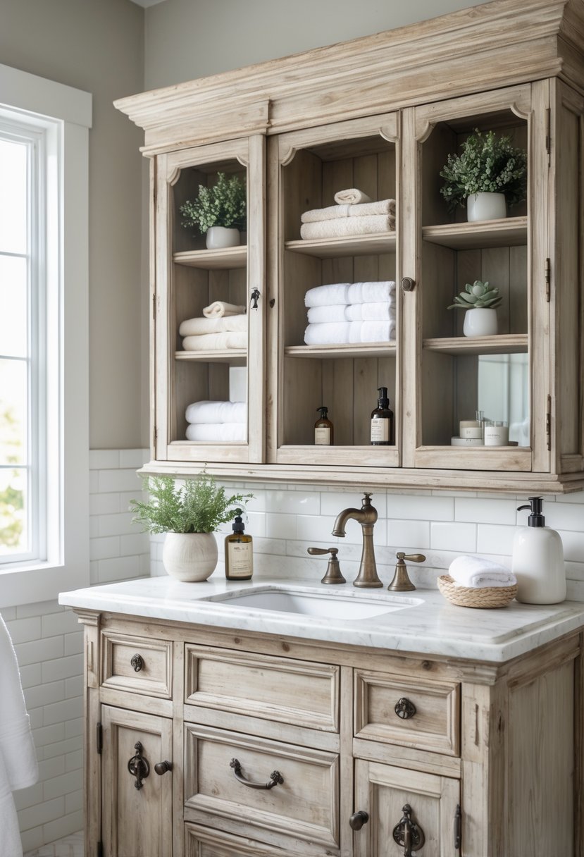 A bathroom with a wooden cabinet vanity featuring glass doors, a marble countertop with a sink, a mirror, and bathroom accessories.