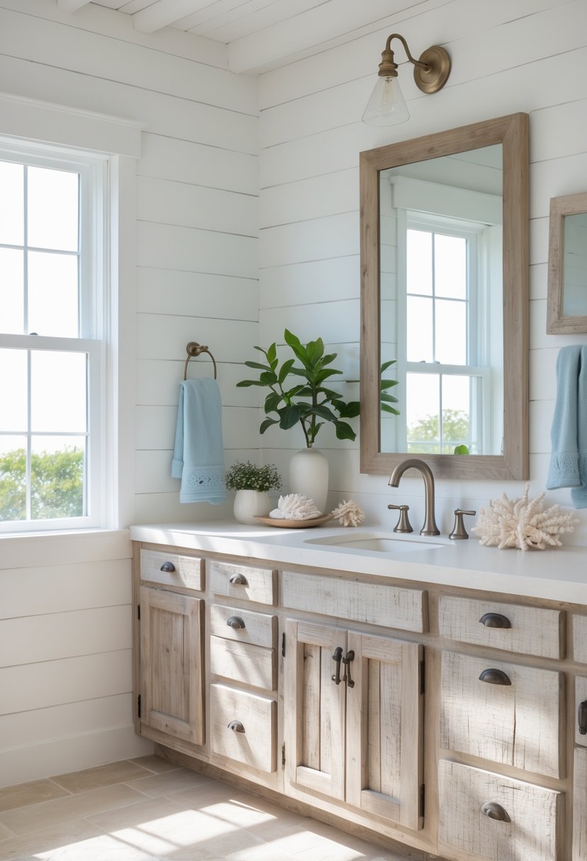 A bright bathroom with weathered wood cabinets, a large mirror, and natural light coming through a window.