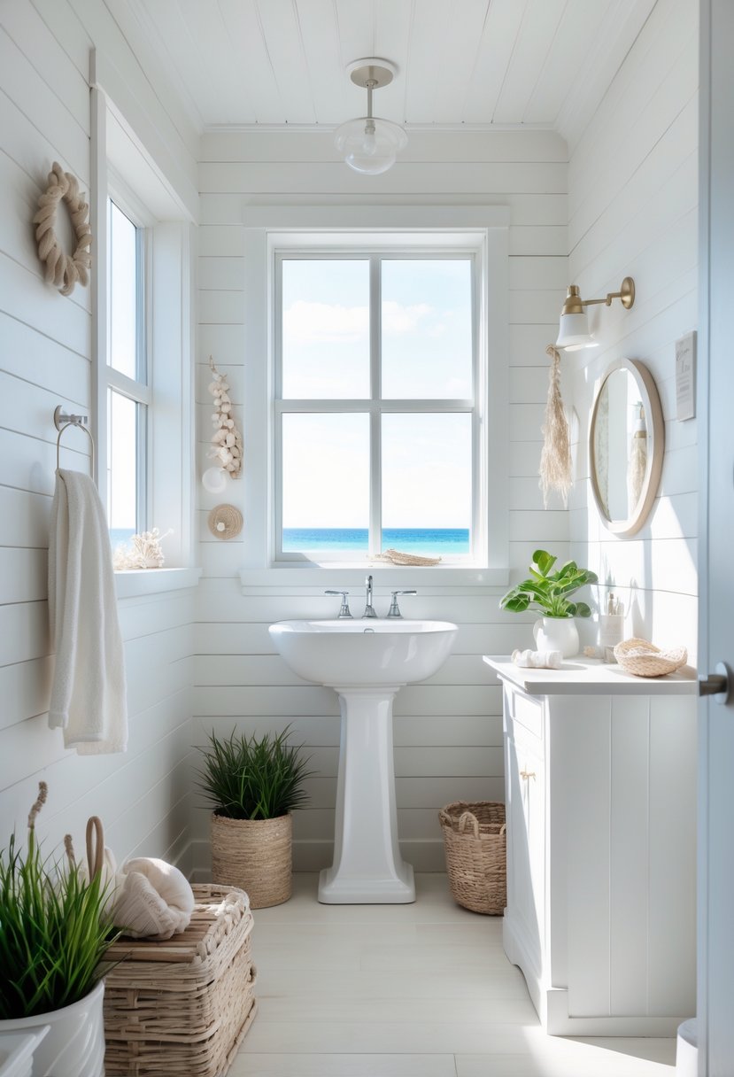 A bright bathroom with a white pedestal sink, natural light, and simple decor including plants and coastal accents.