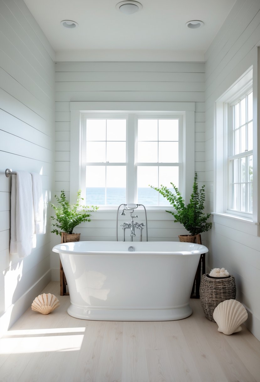 A spacious bathroom with a white freestanding bathtub, natural light, wooden flooring, and coastal decor accents.