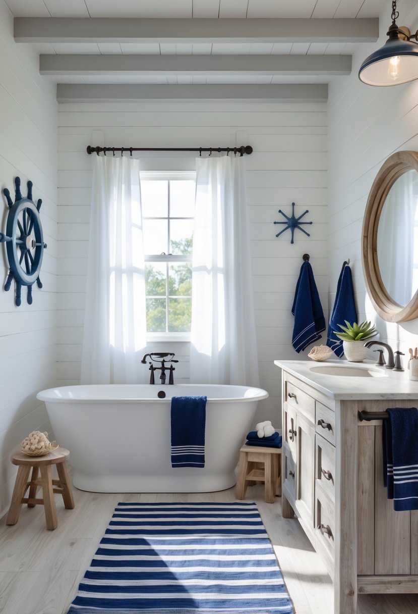 A bright bathroom with a freestanding bathtub, navy blue towels, wooden vanity, and nautical decorations like a ship wheel and seashells.