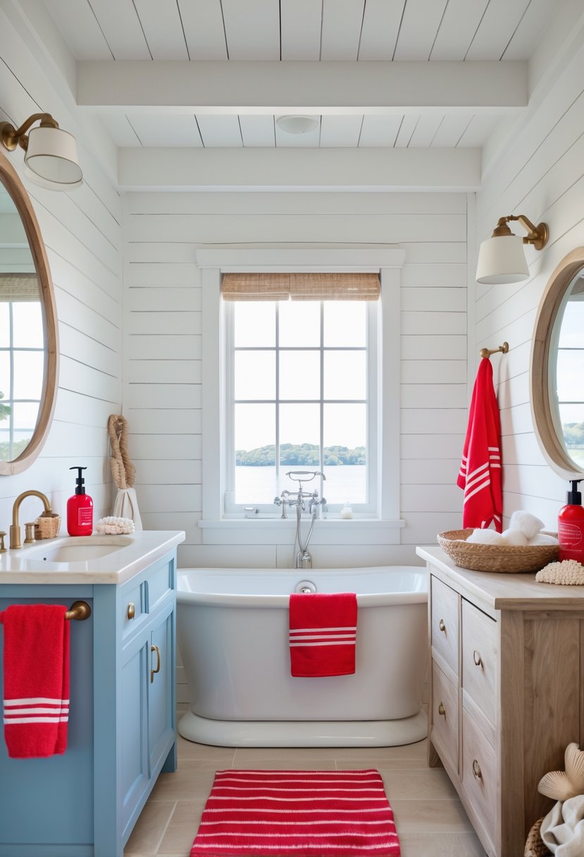 A bright bathroom with white walls, blue cabinets, red towels, and a white bathtub under a large window.