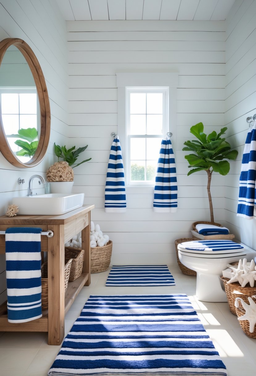 A coastal farmhouse bathroom with striped blue and white towels and rugs, a wooden vanity, a round mirror, and natural light coming through a window.