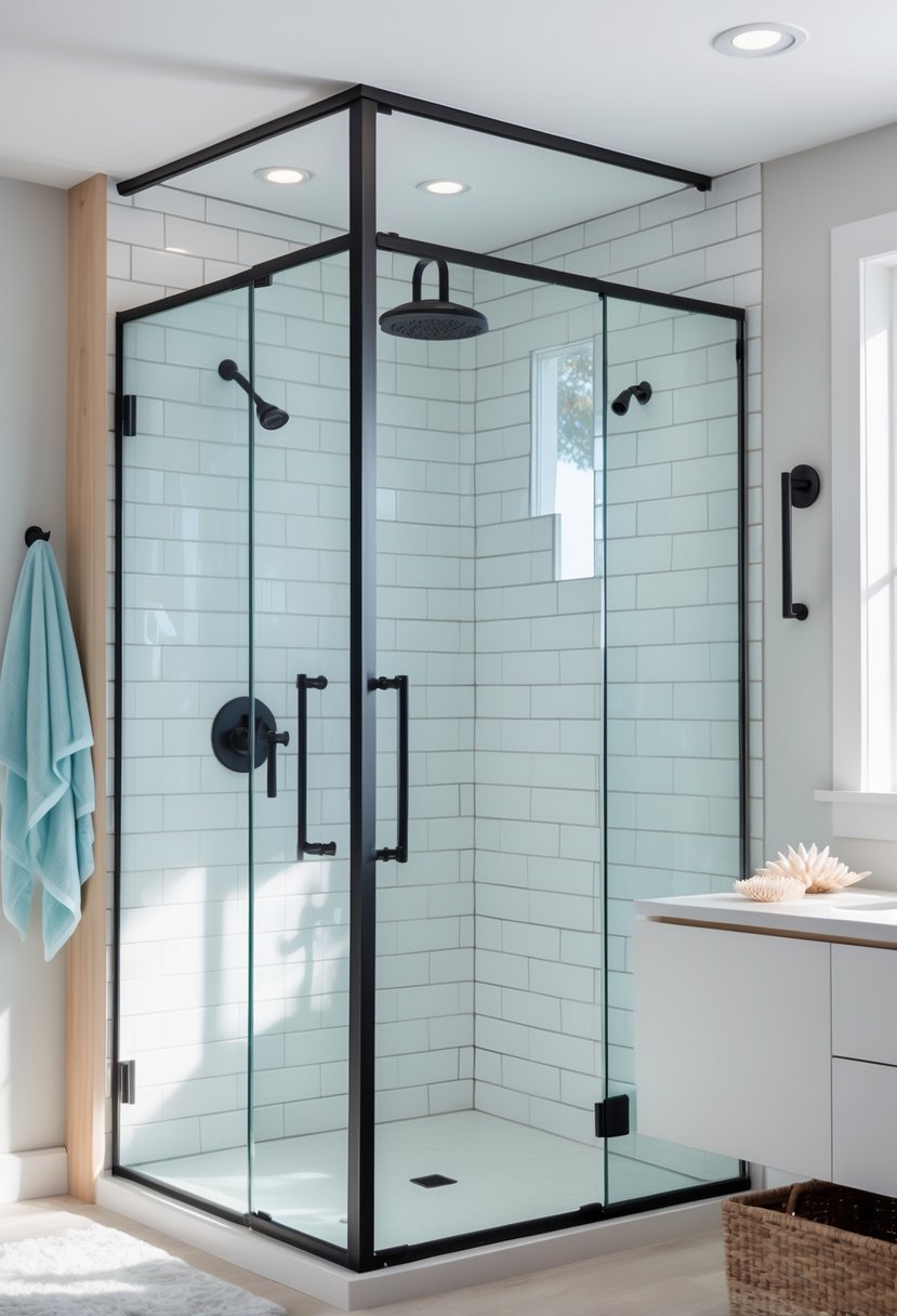 A bright bathroom with black-framed glass shower doors and light-colored walls with natural wood accents.