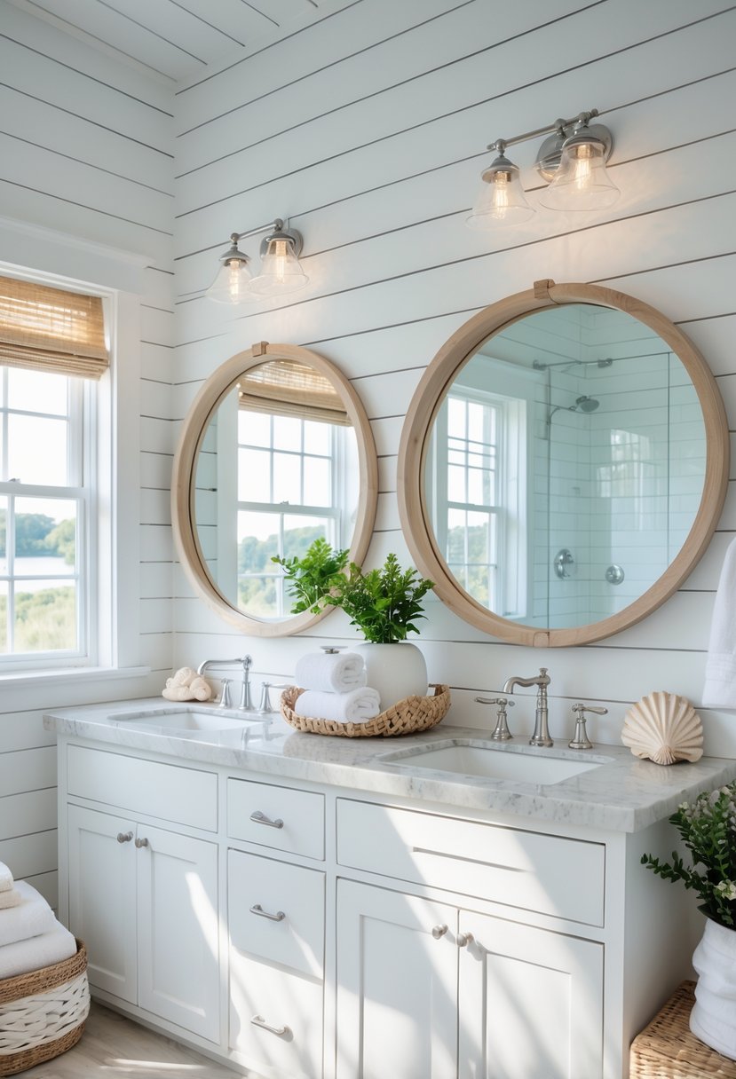 A bright bathroom with large round mirrors above a double vanity, natural light filling the space, and coastal decor accents.