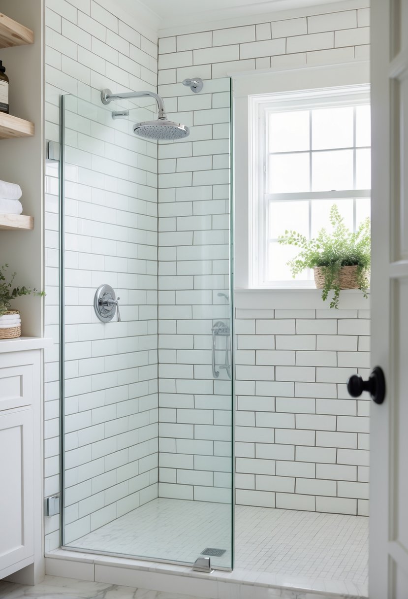 A bright bathroom with a white subway tile shower, glass door, and modern fixtures.