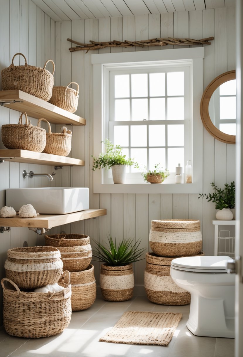 A bathroom with natural fiber baskets used for storage, wooden shelves, a white sink, and soft natural light coming through a window.