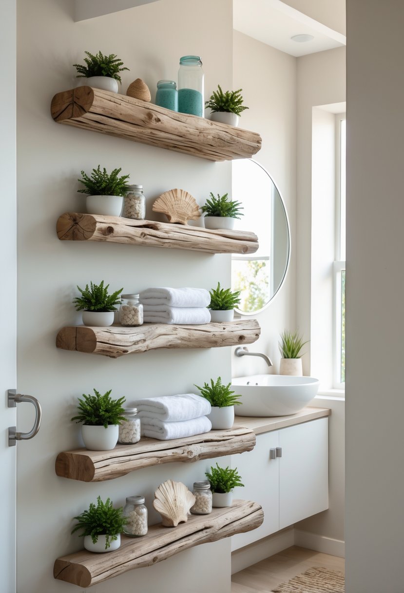 A bathroom with driftwood shelves holding seashells, plants, towels, and jars, bright natural light, a white sink, and a round mirror.