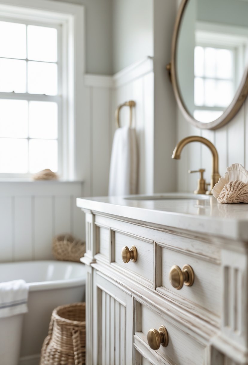 Close-up of a bathroom vanity with brass hardware, a white sink, and natural light coming through a window.