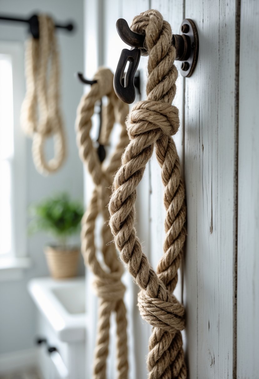Close-up of thick nautical ropes tied back with metal hooks on a wooden wall in a bathroom.