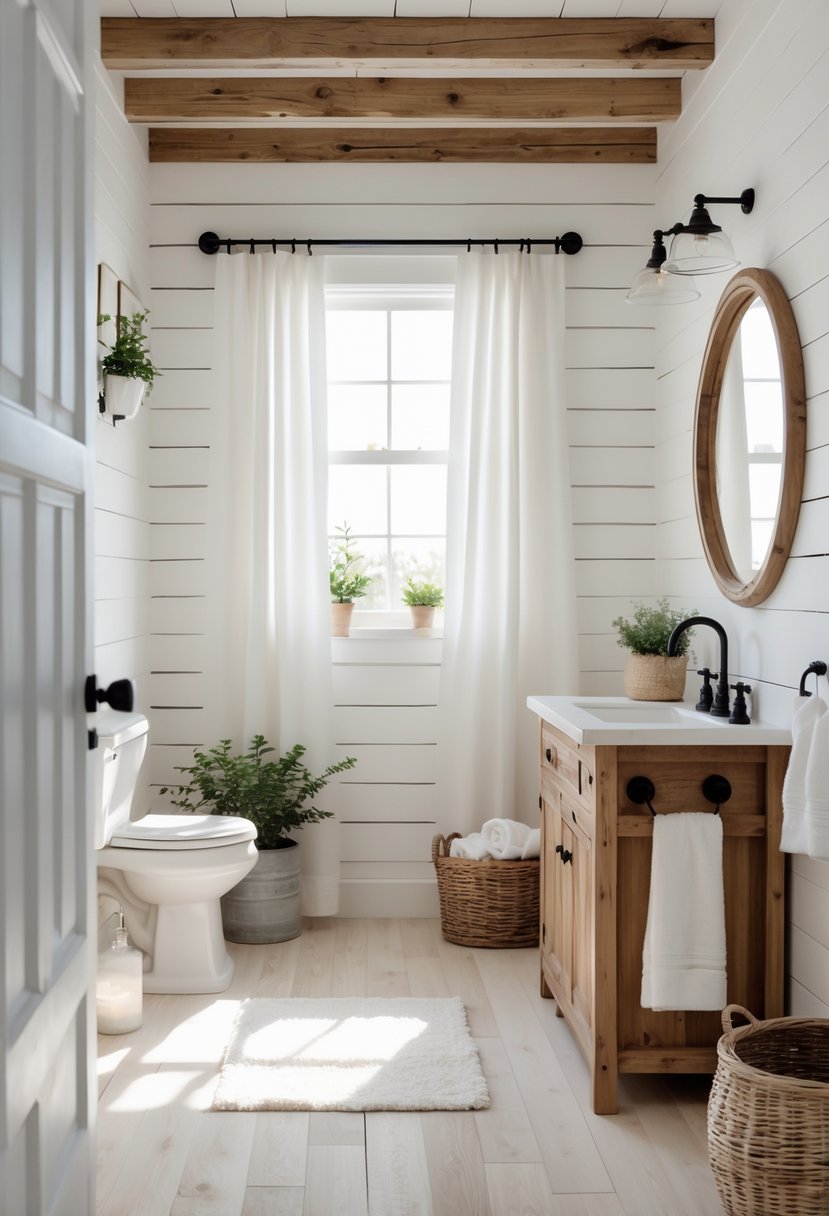 A bright bathroom with white shiplap walls, a wooden vanity, a round mirror, and natural light coming through a window.