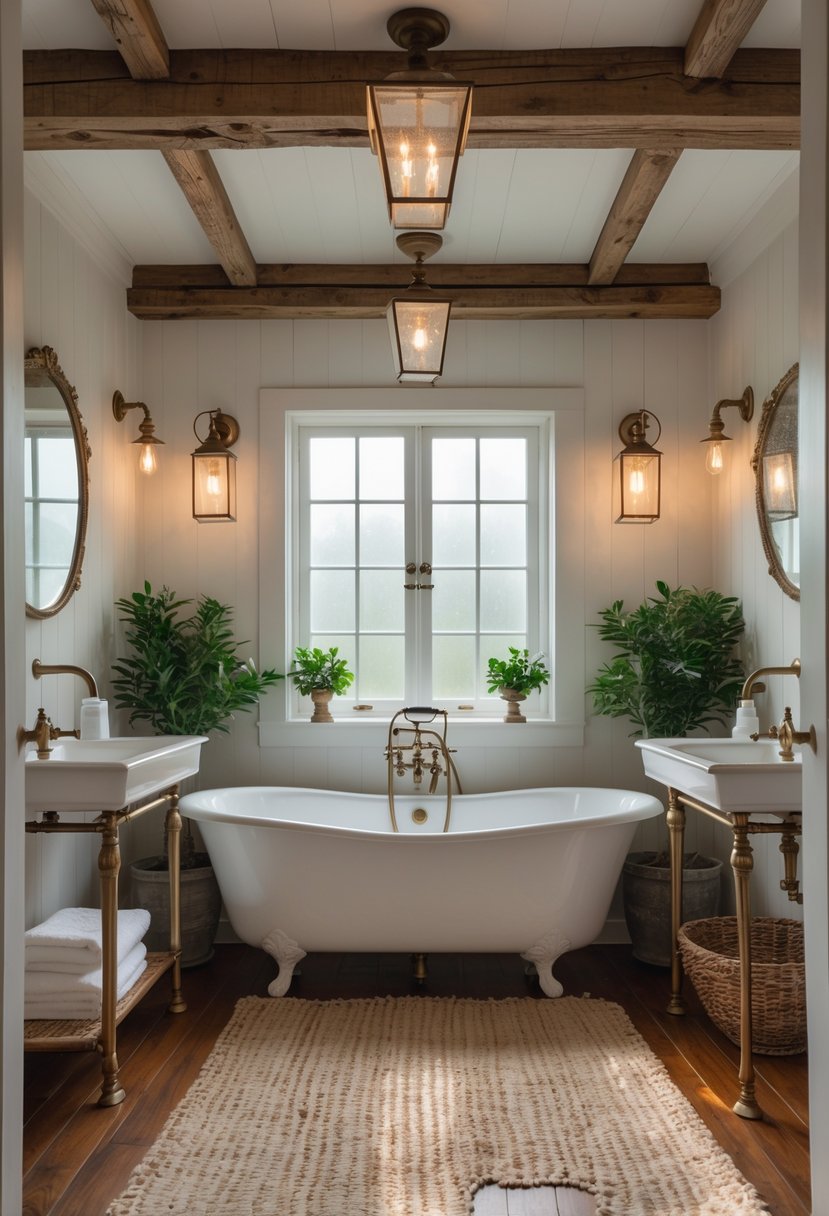 A white clawfoot bathtub under vintage light fixtures in a bright bathroom with wooden beams and natural light.