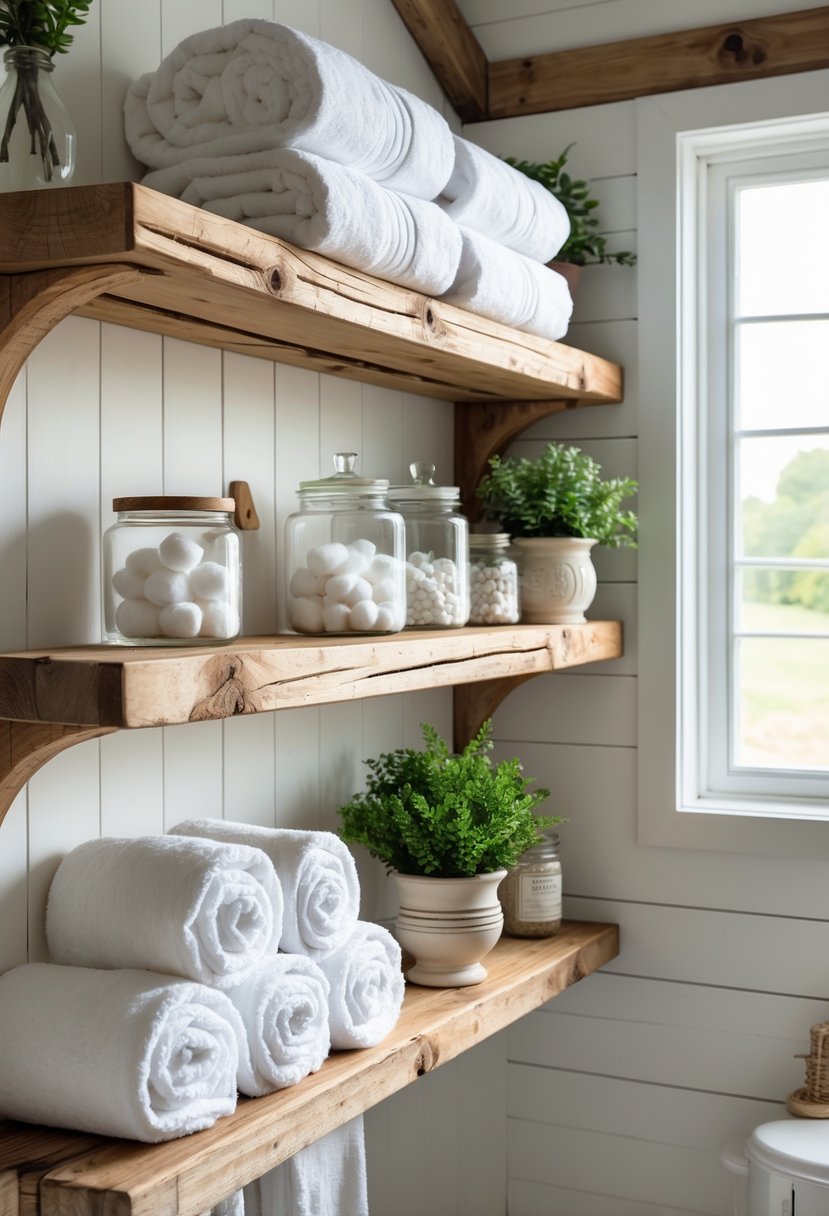 A bathroom with open wooden shelves holding towels, jars, plants, and containers.